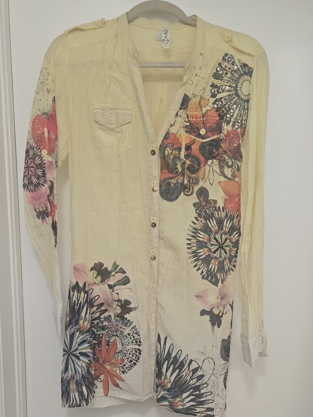 Desigual Cream Longline Floral Button-Up Tunic with Multicolor Prints